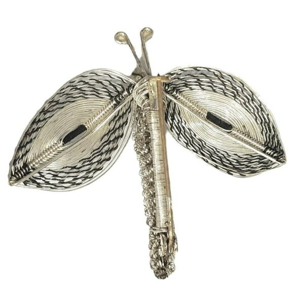 VTG Spun Butterfly Brooch Pin Silver Tone Woven Wire Dragon Fly Moth Faux Pearl - Picture 4 of 6